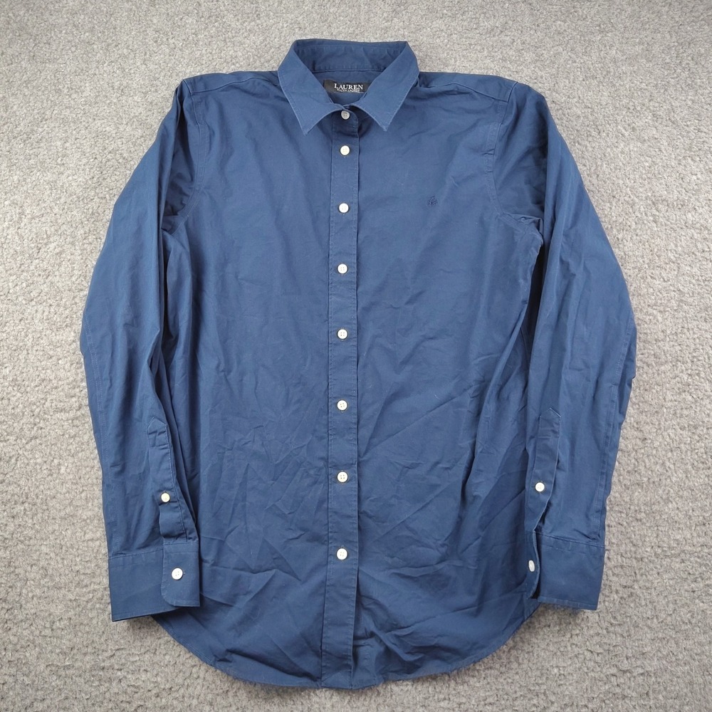 Lauren Ralph Lauren Button Up Shirt Sz Medium Womens Stretch Non Iron Navy Blue